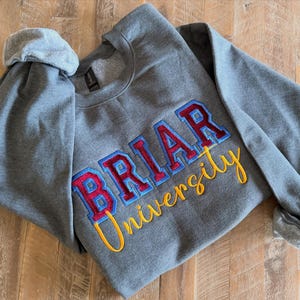May include: A gray sweatshirt with the embroidered text "BRIAR University" in red, blue, and yellow. The sleeves are cuffed, and the garment is lying on a wooden surface. The sweatshirt is a casual style.