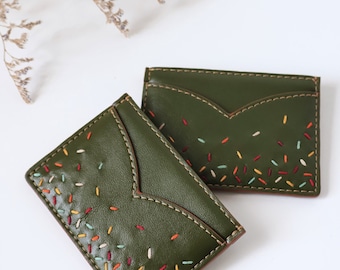 Personalized Vegan Leather Card Holder: Hand Embroidered Wallet