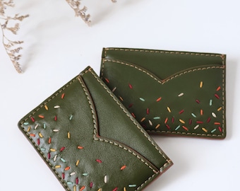 Personalized Leather Card Holder, Vegan Leather, Embroidered Credit card holder.