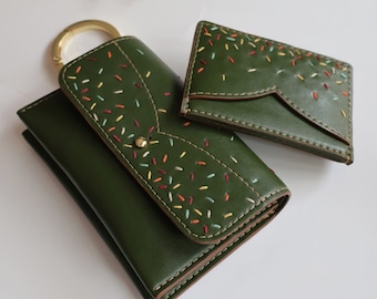 Small wallet and carholder set, crossbody cute wallet women, personalized minimalist wallet, embroidery cactus leather