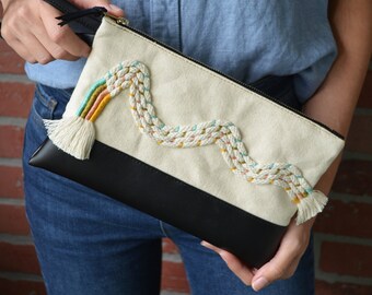 Rainbow Canvas and leather clutch, Cosmetic Bag, Makeup Bag, vegan leather, Vegan Leather, personalized gift, embroidered, for mom, Boho