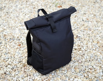 Black Compact Roll Top, Daily Backpack , Everyday Bag