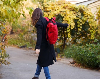 Women's Backpack / Laptop Backpack / Urban Backpack / City Backpack / Roll top Backpack / Red Backpack / Roll top Rucksack / Travel Rucksack