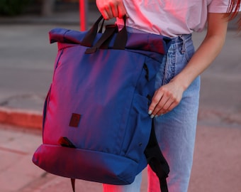 Blue Roll Top, Laptop Backpack, Waterproof Rucksack