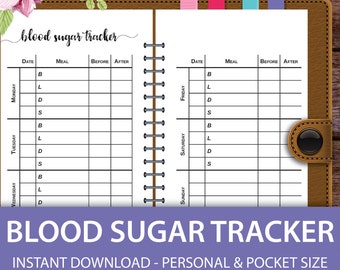 Blood Sugar Tracker, Blood Pressure, Blood Glucose Log, Blood Sugar Levels, Filofax Personal Inserts, Filofax Mini, Kikki K Inserts, Pocket