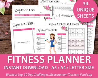 Fitness Planner, Fitness Planner Inserts, Fitness Journal, Food Diary, Weight Loss Tracker, Workout Journal, A4 A5 Letter Size