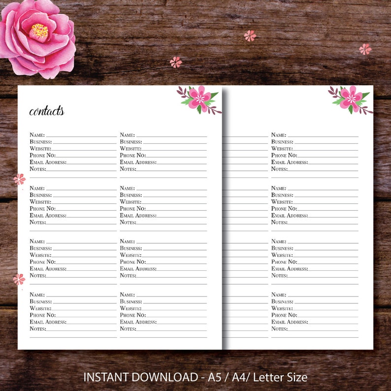 Contacts Tracker Contact List Address Book Printable Etsy