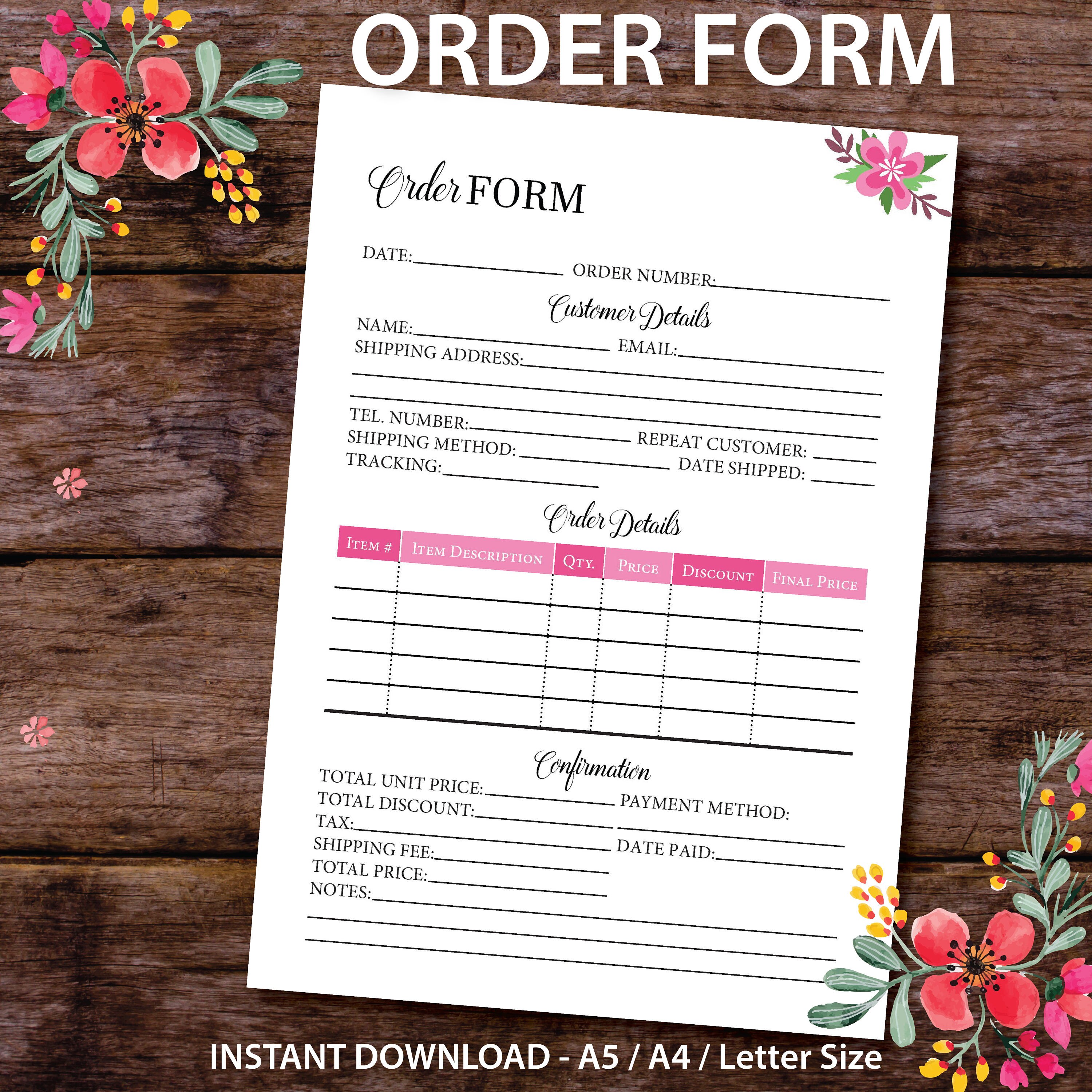 Order Form Template, Order Form Planner Insert Printable, Etsy Planner, Etsy Business, Custom
