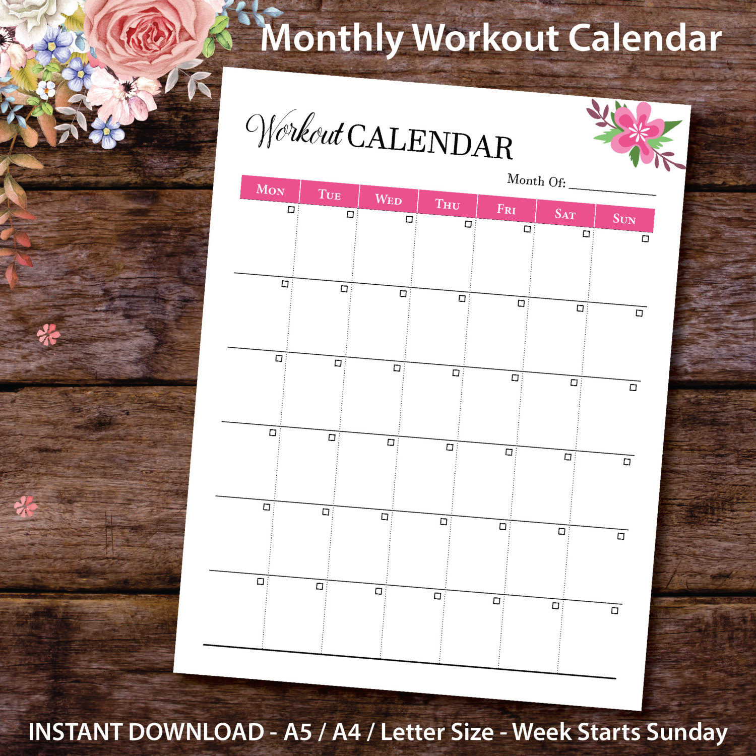 monthly workout calendar planner insert printable monthly etsy