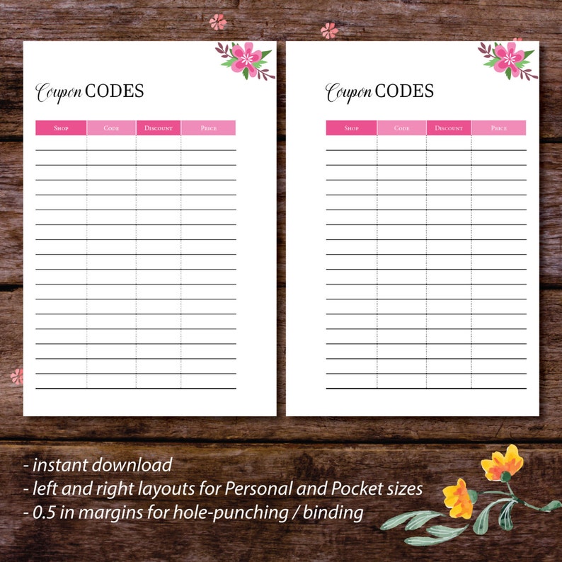 Coupon Code Planner Coupon Organizer Coupon Code Tracker Etsy