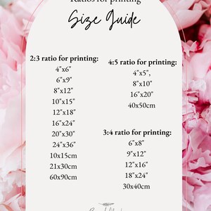 Puede incluir: Un gr&aacute;fico floral blanco y rosa con una gu&iacute;a de tallas para imprimir. La gu&iacute;a incluye diferentes proporciones para imprimir, como 2:3, 4:5 y 3:4, con las medidas correspondientes en pulgadas y cent&iacute;metros.