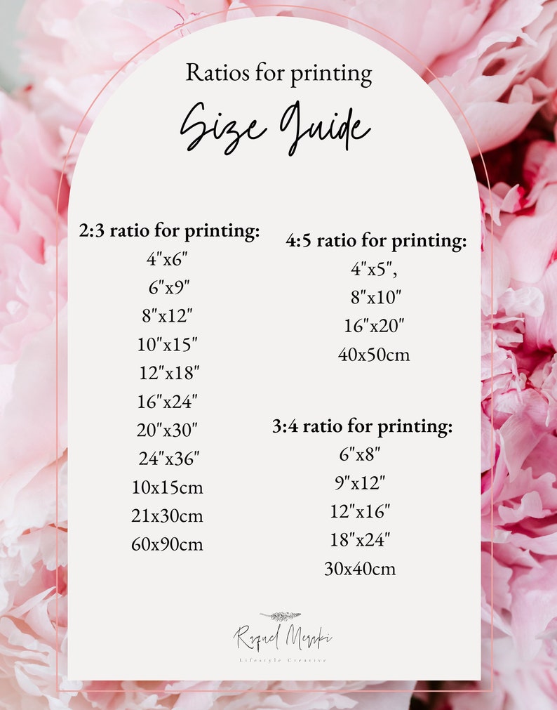 Puede incluir: Un gr&aacute;fico floral blanco y rosa con una gu&iacute;a de tallas para imprimir. La gu&iacute;a incluye diferentes proporciones para imprimir, como 2:3, 4:5 y 3:4, con las medidas correspondientes en pulgadas y cent&iacute;metros.