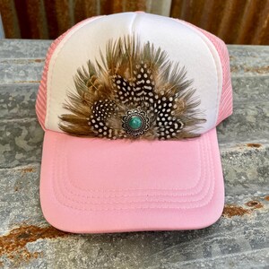 Feather Trucker Hat. White and Turquoise Feather Embellished  display picture 3