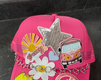 Trucker Hat, Pink Trucker Hat, Peace, Bougie Hat, Trucker Hat With Patches, Trucker Hat Chain, Fun Summer Hat, Stylish Hat, Baseball Hat.