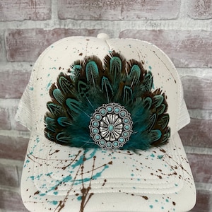 Feather Trucker Hat. White and Turquoise Feather Embellished Hat. Feather Trucker Hat for Women. Trending Trucker Hat.