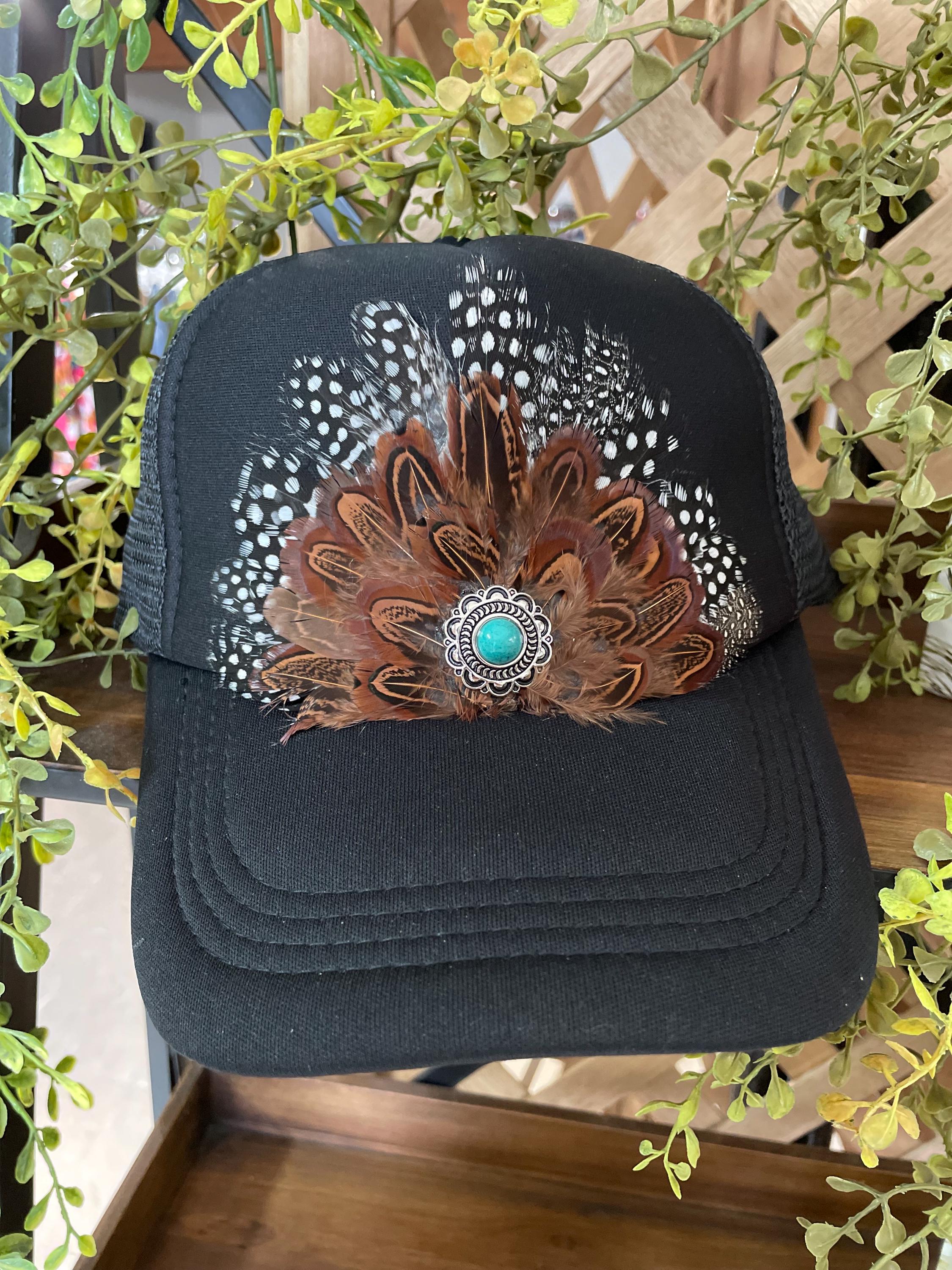 Black Trucker Hat with Decorative Feather design. Lost Calf Feather Black Flat Trucker Cap at Amazon Men main image 4