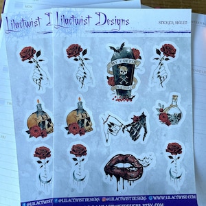 Creepy Love Sticker Sheet with Coffin,Skull & Roses *Gothic Planner Stickers, Goth Stickers, Wicca Journal Stickers, Bullet Journal Stickers