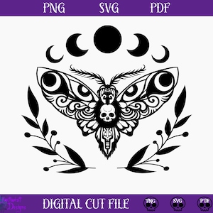 May include: Black and white digital cut file design of a moth with a skull and crescent moons. The moth has intricate details and is surrounded by leafy branches.