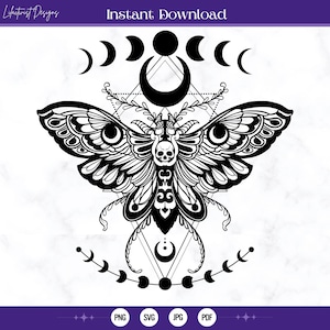 May include: Black and white illustration of a moth with a skull in its body, surrounded by a geometric pattern and crescent moons.