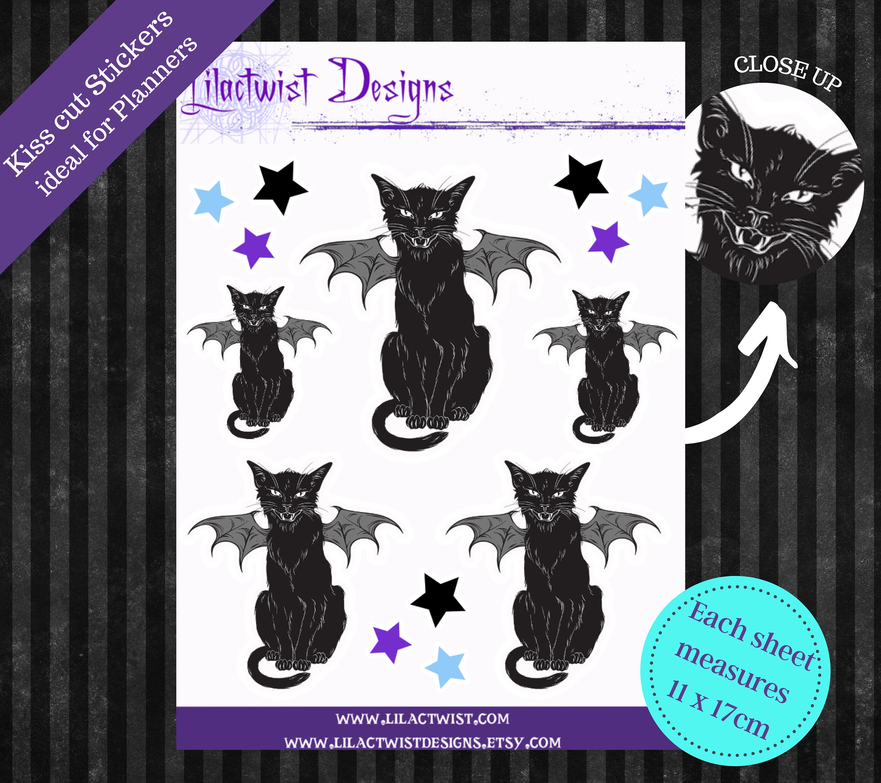 Black 'Bat Cat' Planner Sticker Sheet - Witch Planner Stickers