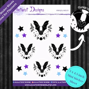 Bat with Moon Phases Mini Sticker Sheet - Pagan Planner Stickers | Bullet Journal | Gothic, Wicca, Witchcraft, Grimoire, Bujo, Hobonichi,