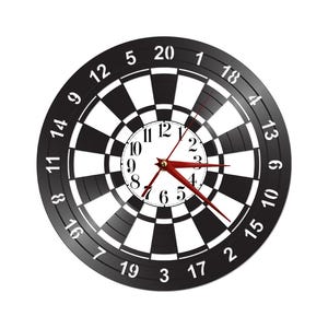 May include: A black and white dartboard clock with red hands. The clock face features a dartboard design with numbers around the perimeter. The clock hands are red, and the numbers are white.