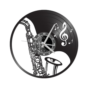 FREE SHIPPING!! Music/Saxaphone themed Vinyl Album Record Clock made in the > USA <