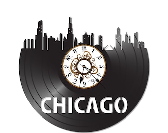 FREE Shipping!!Chicago Skyline themed Vinyl Album Record Clock made in the > USA <