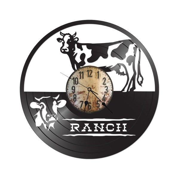 Horloge vinyle pour mur - Horloge vache Ranch - Décor mural vinyle - Disques pour mur