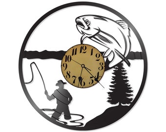 FREE SHIPPING!! Fishing Lake themed Vinyl Album Record Clock made in the > USA <