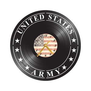 May include: A black vinyl record clock with the words "UNITED STATES ARMY" in white. The clock face features the American flag and gold-colored clock hands. White stars encircle the clock.