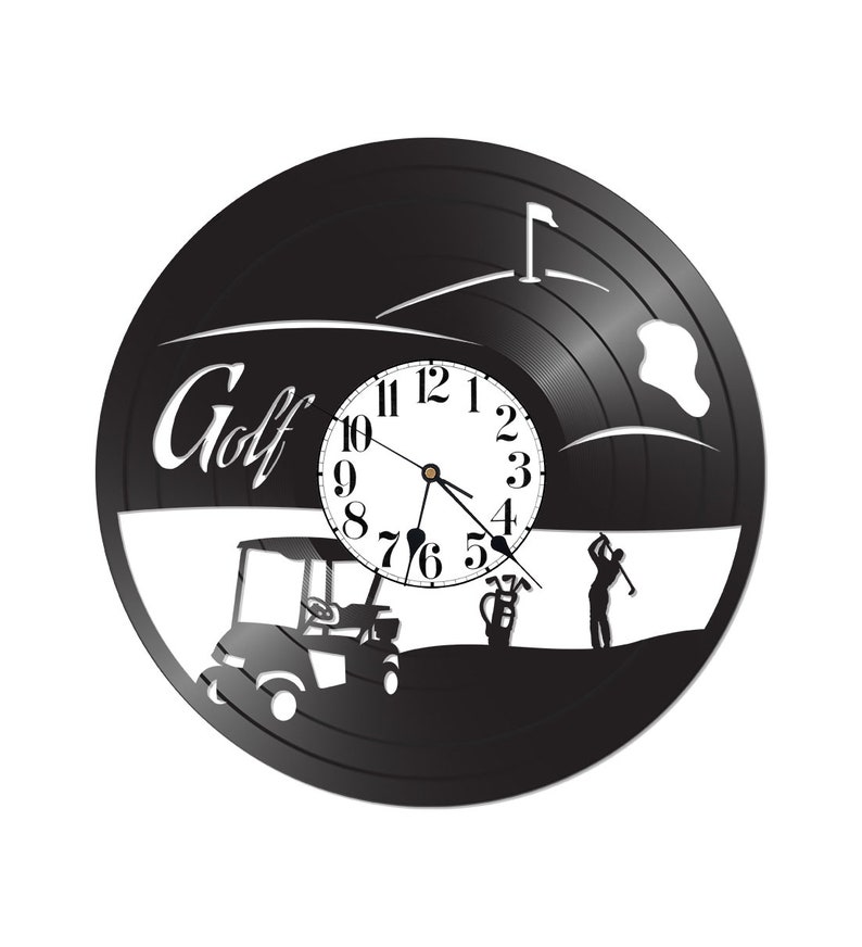 Circle wall clock has black vinyl record disc shape with Golf Cart image is the best gift for dad