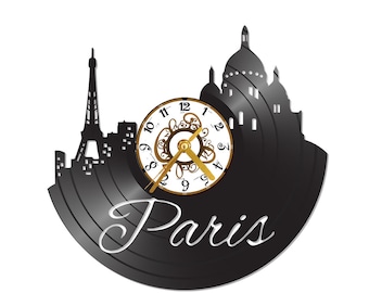 FREE SHIPPING!! Paris Skyline themed Vinyl Album Record Clock made in the &gt; USA &lt;