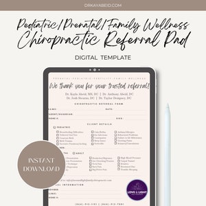 May include: A digital template for a chiropractic referral pad. The template is designed for a family wellness practice and includes sections for paediatric, prenatal, and adult patients. The template features a purple and white colour scheme and includes the text "We thank you for your trusted referral!" and "LOVE & LIGHT".