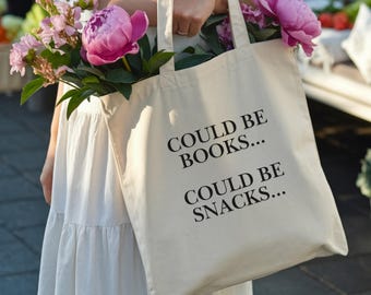 Could be Books Could be Snacks Tote, Cotton Canvas Tote Bag, Snack Lover Gift for Kids, Bookworm Christmas Gift, Reusable Grocery Sack