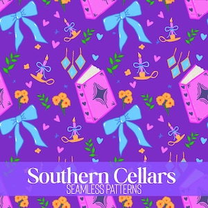 May include: Seamless pattern on a purple background featuring pink books, blue bows, candles, and floral elements. The design includes the text "Southern Cellars" and "Seamless Patterns" in a white font.