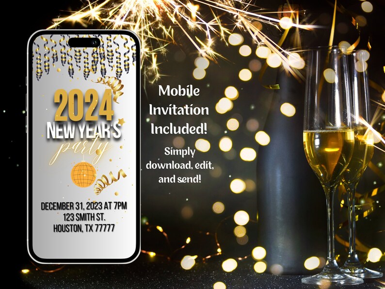 New Years Eve Party Invitation Template, Editable NYE Party Invite