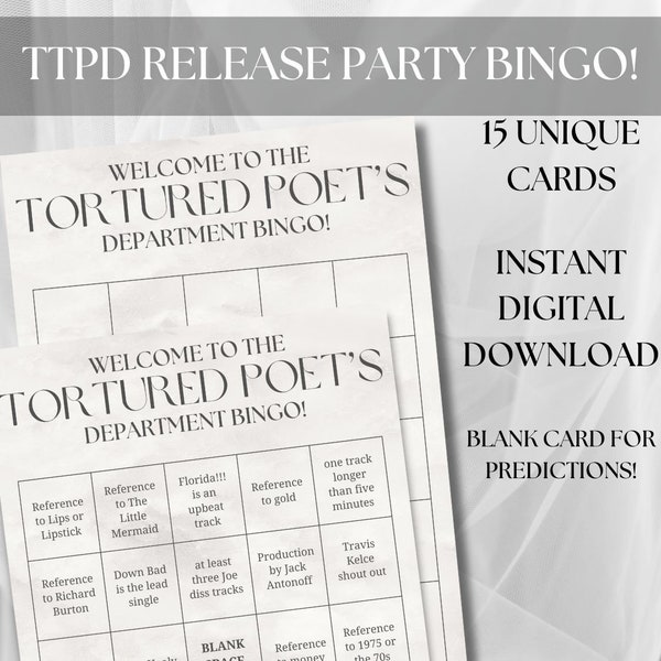 TTPD Release Party Bingo Game - The Tortured Poet's Department Games - Taylor Swift Party Games - Swifty Release Night Party Games and Decor