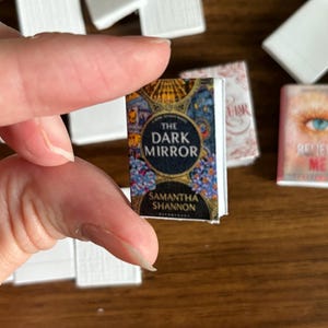 May include: A miniature paperback book with a colorful cover featuring a circular design and the title "The Dark Mirror" by Samantha Shannon.