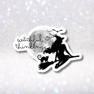 Spooky Witch Halloween Sticker - Witchful Thinking Decal - Heksenbezem Spooky Girl - Full Moon Black Cat Scary Vinyl Kindle Pop Charm