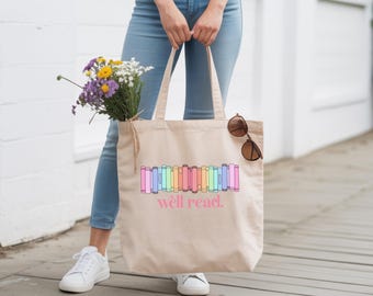 Book Stack Tote Bag, Rainbow Book Canvas Tote, Well Read Book Lover Gift, Colorful Reader Library Bag, Bookish Christmas Gift,Book Club Tote