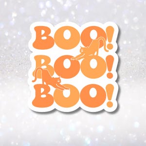 Pegatina de Halloween Boo - Calcomanía espeluznante de gato negro - Bolsas de golosinas de Halloween - Decoraciones para mesas de fiesta - Bonita pegatina de gato naranja para Halloween