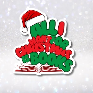 Adesivo engraçado de Natal de livro - Tudo o que eu quero para o Natal são livros - Adesivo de Natal de livro holográfico - Chapéu de Papai Noel fofo Kindle Pops