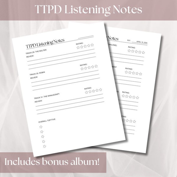 TTPD Listening Notes - The Tortured Poets Department Games Album Listening Review - Includes Bonus Album - Album Review Notes - Printables