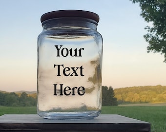 Custom Glass Candy Jar – Stained Wood Lid, Personalized Text or Logo