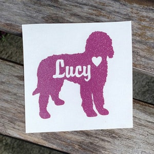 Golden Doodle Vinyl Decal - Goldendoodle -  Silhouette with Heart and Name -  Many color options
