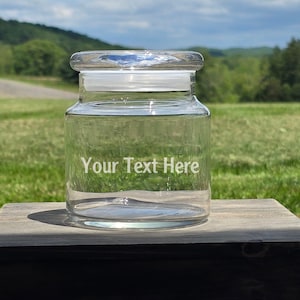 Custom 16 Ounce Etched Glass Candy Jar - Personalized with Your Text - Glass Top Lid