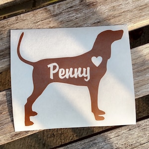 Coonhound Vinyl Decal Silhouette with Heart and Name -  Many color options