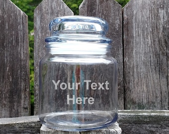 Candy Jar - Personalized Etched - Your Text or Logo with Glass Top Lid - 16 Ounce Jar, Custom Jar, Unique Gift, Glass Jar, Snack Jar