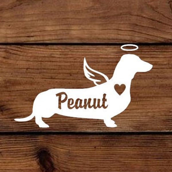 Angel Dachshund Vinyl Decal -  Silhouette with Heart, Name, Wings and Halo -  Many color options